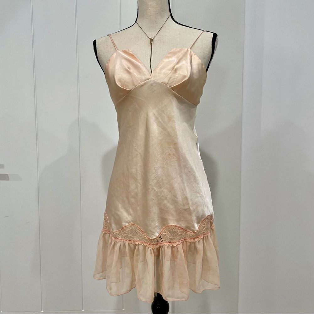VINTAGE Peach Silk Lace Mini Slip Dress